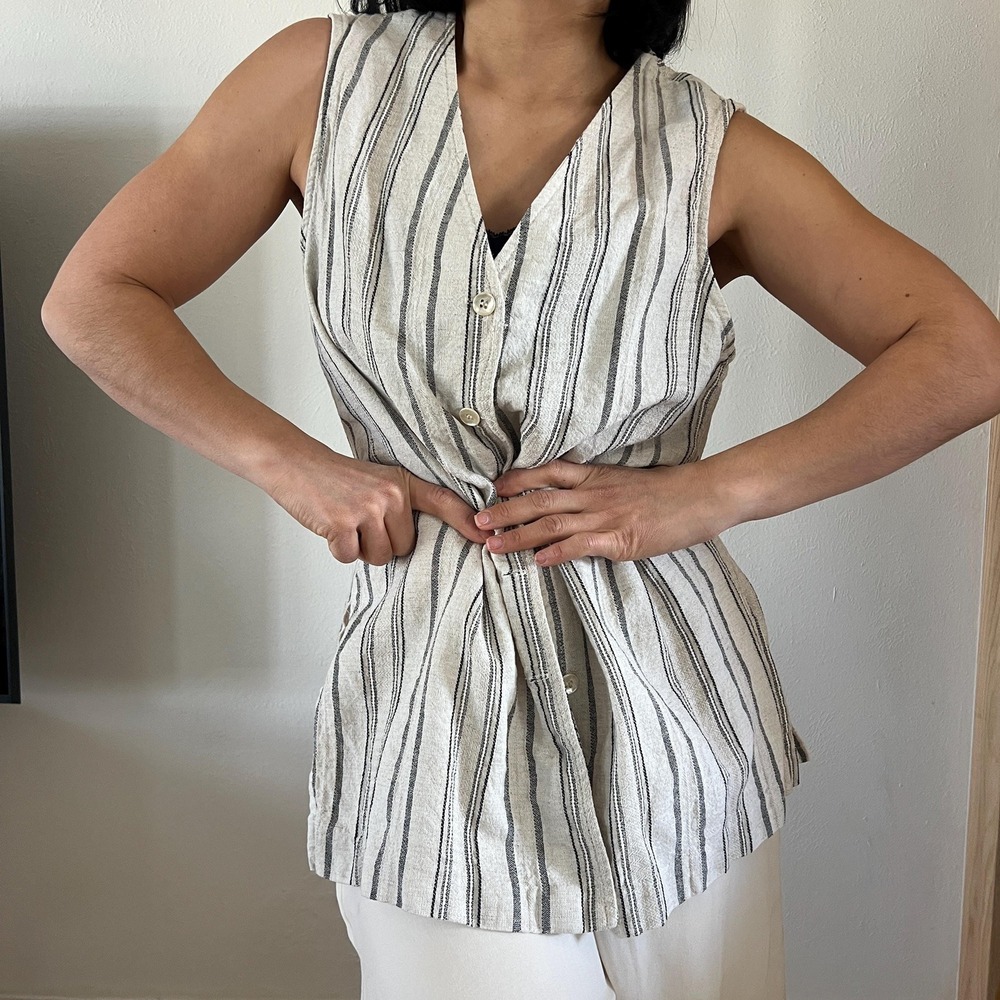 Vintage‎ beige striped vest blouse striped sleeveless tunic large